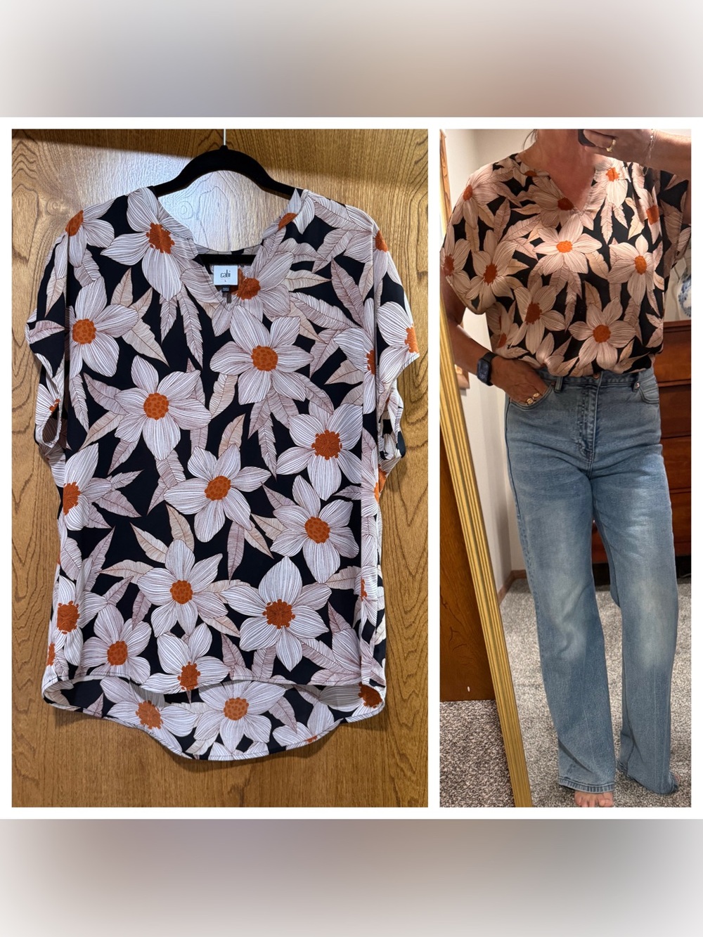 Cabi Floral V-Neck Short Sleeve Top - Black with Cream & Orange